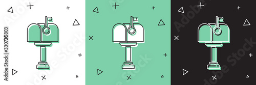 Set Mail box icon isolated on white and green, black background. Mailbox icon. Mail postbox on pole with flag. Vector Illustration