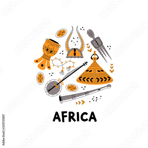 Set icons line style of African culture. Cute totem, horn, banjo, drum with decoration for different designs.