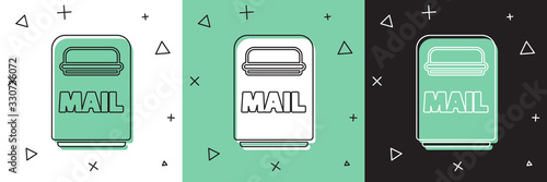 Set Mail box icon isolated on white and green, black background. Mailbox icon. Mail postbox on pole with flag. Vector Illustration