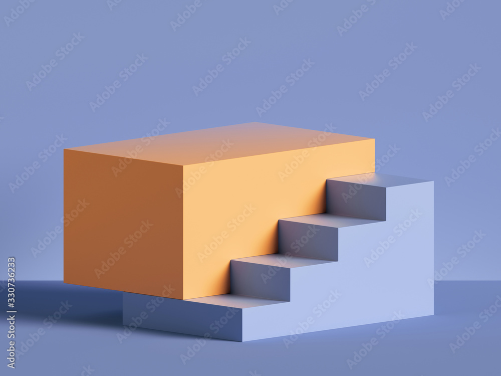 3d render, abstract minimal background. Yellow steps, stairs isolated on violet. Blank pedestal, empty podium. Shop product display, showcase. Architectural element, primitive shape.