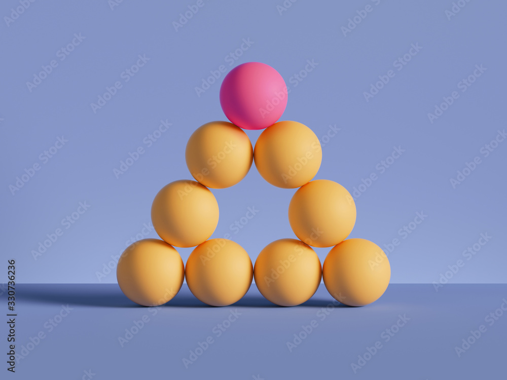 3d render, pyramid of yellow balls isolated on violet background