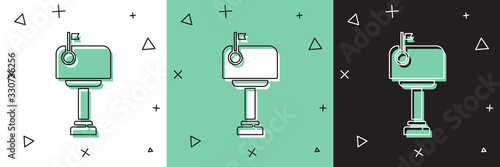 Set Mail box icon isolated on white and green, black background. Mailbox icon. Mail postbox on pole with flag. Vector Illustration