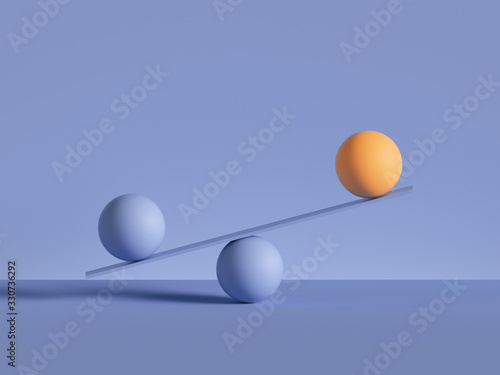 3d render  balls placed on scales  isolated on violet background. Primitive geometric shapes. Balance  comparison metaphor. Modern minimal design