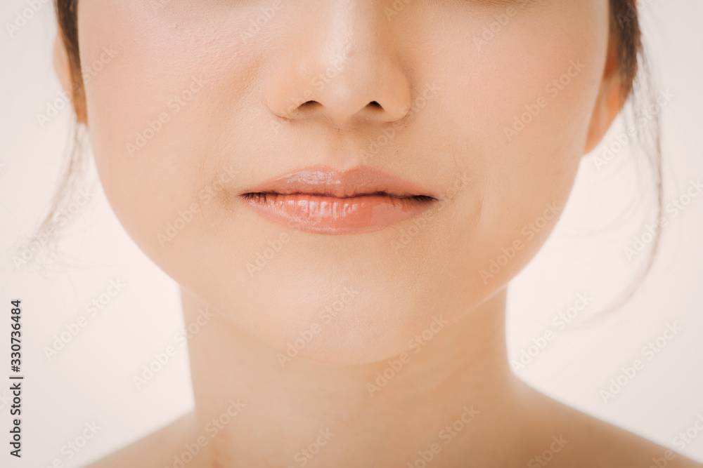 close up Asian girl with Red lip with white background beauty and fashion concept close up Asian girl with Red lip with white background beauty and fashion concept
