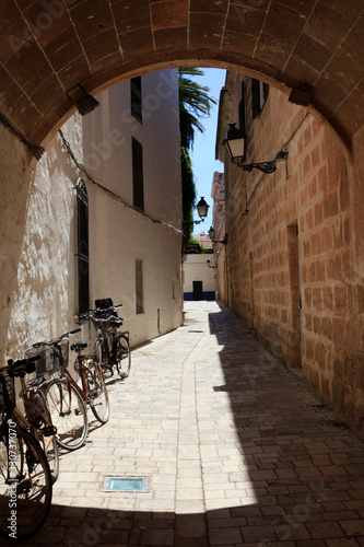 Ciutadela, Menorca / Spain - June 25, 2016: View of typical road and houses in Ciutadela, Menorca, Balearic Islands, Spain