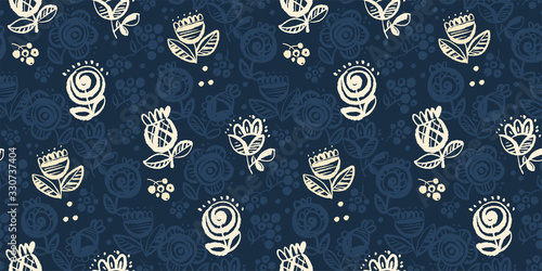 Elegant one-color folk style seamless pattern