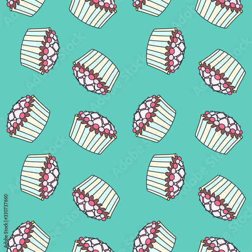 Background with cupcakes. Seamless colorful pattern of glazed cupcakes on a green background. Vector 8 EPS.