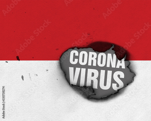 Flag of Monaco with burned out hole showing Coronavirus name in it. 2019 - 2020 Novel Coronavirus (2019-nCoV) concept, for an outbreak occurs in the Monaco.