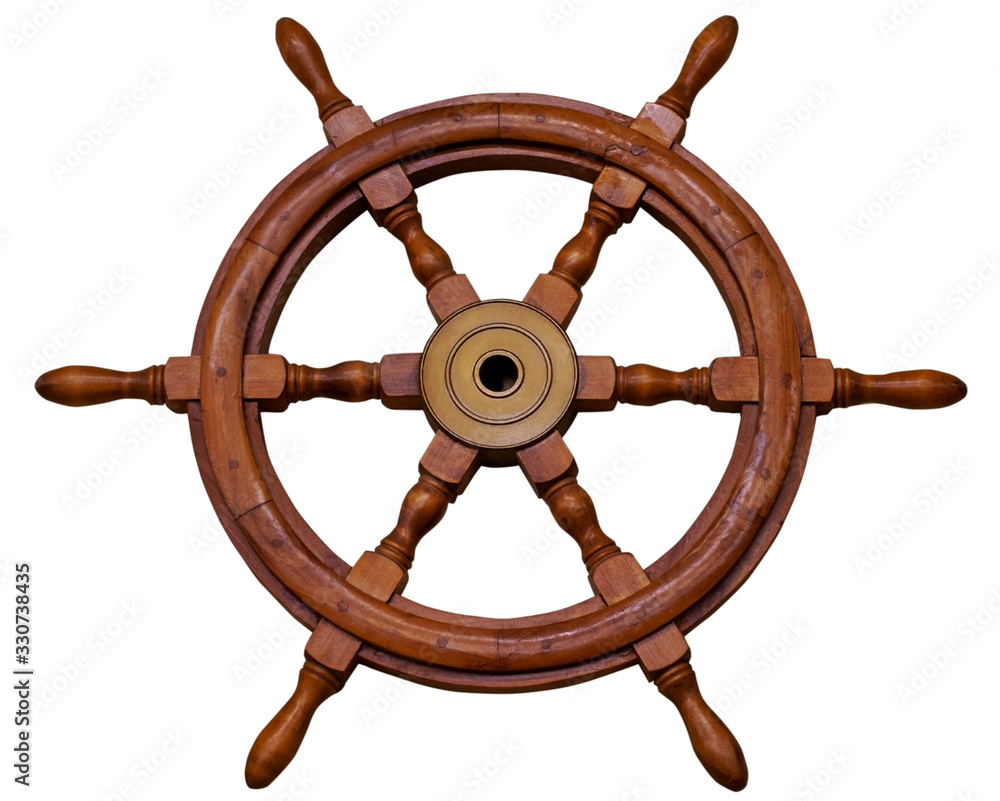 Ship's steering navigation wheel isolated on white.