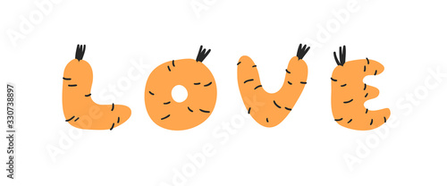 Hand drawn Carrot ABC and word. Cartoon vector illustration veggies font.  Flat drawing vegetarian food. Actual Creative Vegan art work