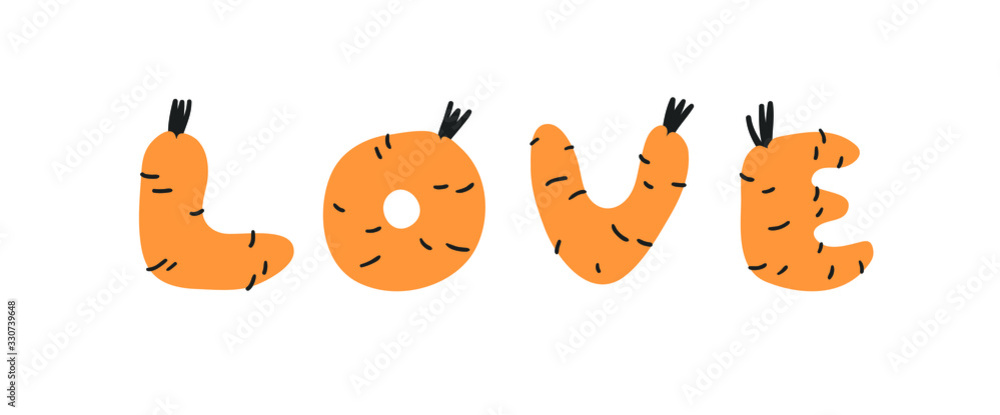 Obraz premium Hand drawn Carrot ABC and word Cartoon vector illustration veggies font. Flat drawing vegetarian food. Actual Creative Vegan art work