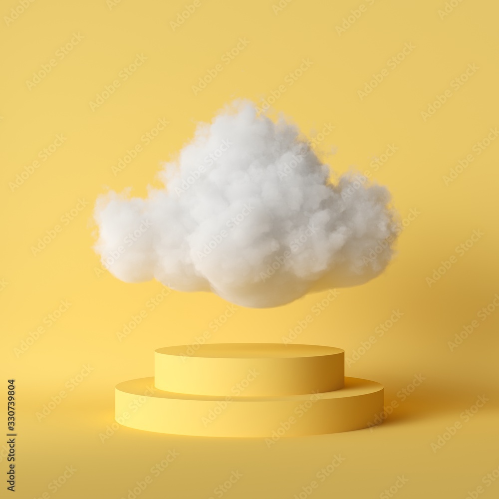 3d render, white fluffy cloud flying above the cylinder pedestal, stairs, steps, round podium, minimal room interior. Isolated objects, bright yellow background, modern design, abstract metaphor