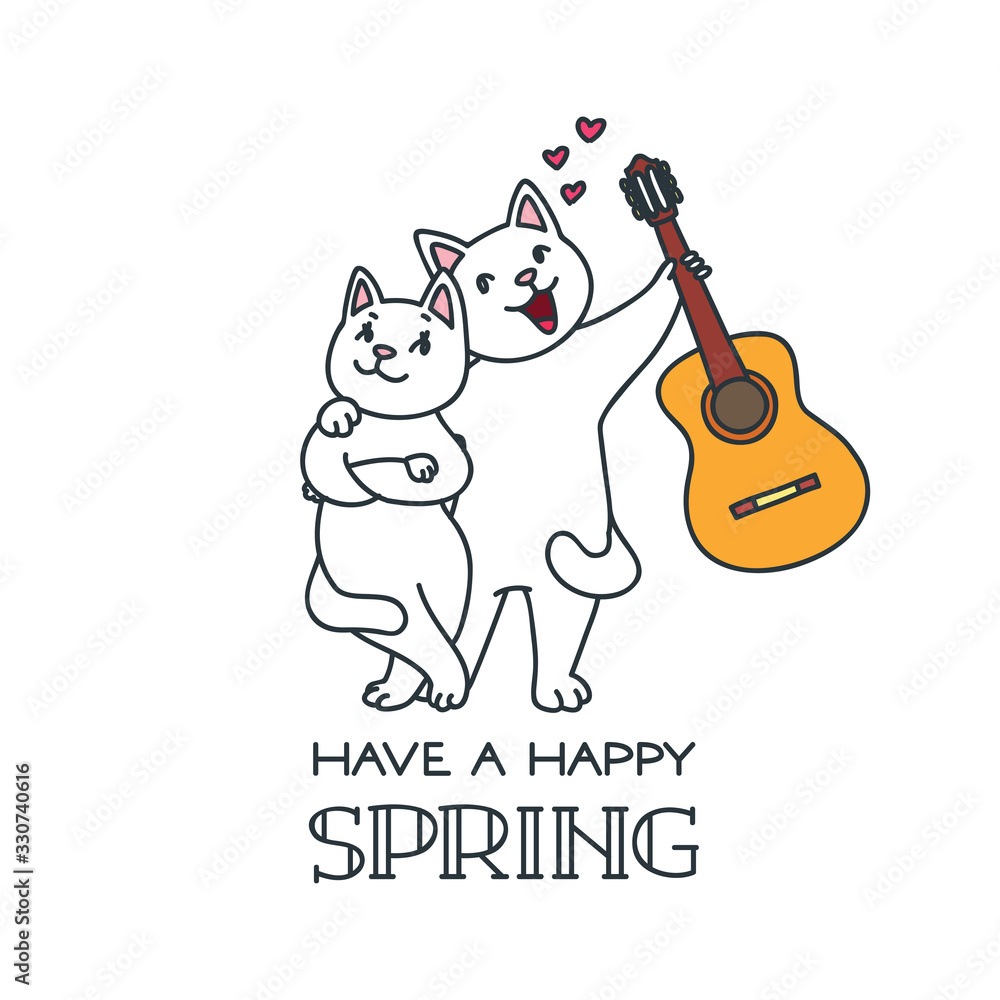 Have a Happy Spring. Illustration of a happy cat guitarist in love. Vector 8 EPS. Have a Happy Spring. Illustration of a happy cat guitarist in love. Vector 8 EPS.