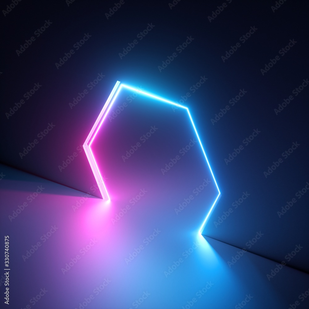 3d render, abstract geometric neon background, pink blue vivid light, ultraviolet hexagonal hole in the wall. Window, open door, gate, portal. Room entrance, arch. Modern minimal concept 3d render, abstract geometric neon background, pink blue vivid light, ultraviolet hexagonal hole in the wall. Window, open door, gate, portal. Room entrance, arch. Modern minimal concept