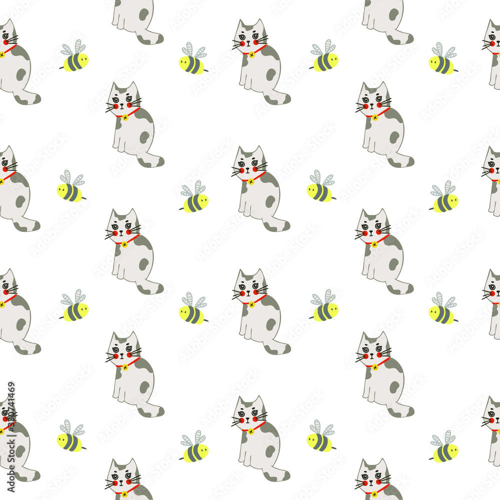 Cute, little bees with a kitten. Geometric seamless pattern on a white background. Cute, little bees with a kitten. Geometric seamless pattern on a white background.