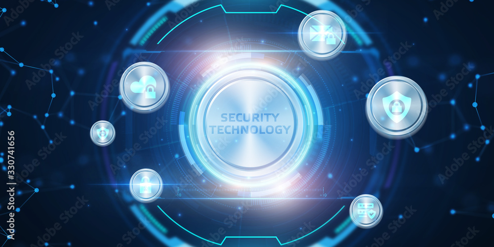 Business, technology, internet and networking concept. Young businessman working in the office, select the icon Security technology on the virtual display. Business, technology, internet and networking concept. Young businessman working in the office, select the icon Security technology on the virtual display.