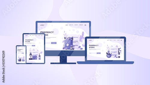 Online pharmacy web banner on differernt device, computer, laptop
