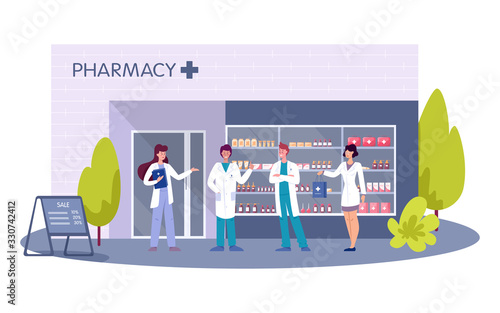 Modern pharmacy building exterior. Professional medicine worker