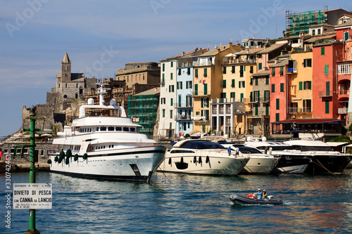 Portovenere ( SP ), Italy - April 15, 2017: Wiew of Portovenere village, gulf of Poets, Cinque Terre, La Spezia, Liguria, Italy