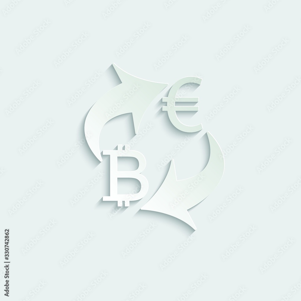paper Exchange money icon. Exchange of euro and bitcoin currency. euro icon. Yen bitcoin . vector paper Exchange money icon. Exchange of euro and bitcoin currency. euro icon. Yen bitcoin . vector