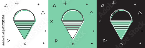 Set Fire cone bucket icon isolated on white and green, black background. Metal cone bucket empty or with water for fire fighting. Vector Illustration