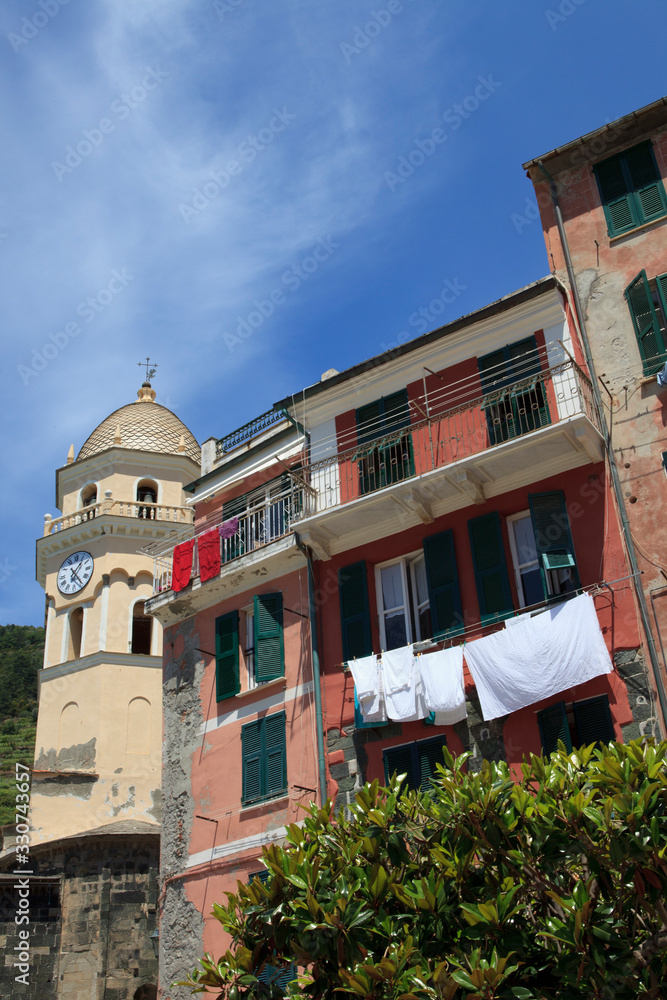 Vernazza ( SP ), Italy - April 15, 2017: Clothes drying on clothesline in Vernazza village, gulf of Poets, Cinque Terre, La Spezia, Liguria, Italy