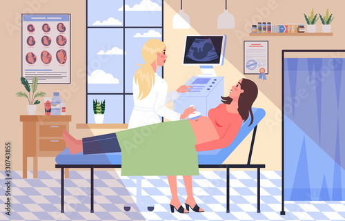 Pregnant woman visiting female doctor in hospital. Patient