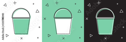 Set Fire bucket icon isolated on white and green, black background. Metal bucket empty or with water for fire fighting. Vector Illustration