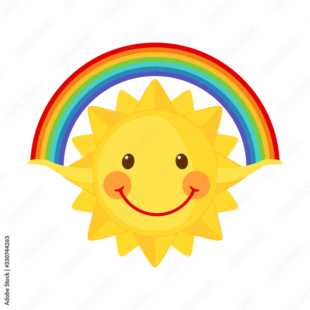 Cute sun icon holds a rainbow in flat style isolated on white background.