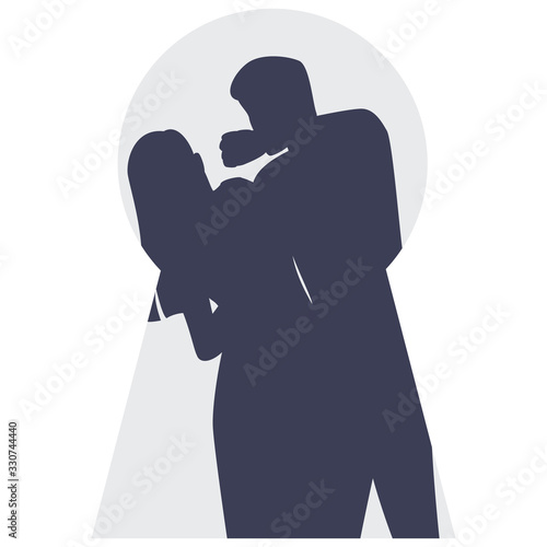 Young woman who is threatened by husband behind closed door.