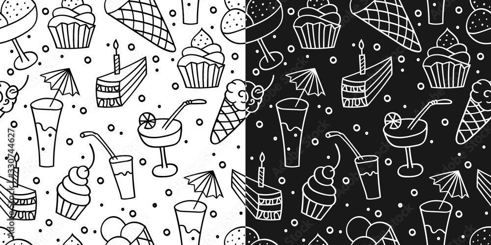 A set of seamless vector textures on a white and black background.Holiday attributes for a birthday. Cupcake,drink, and ice cream in Doodle style for design wrapping paper,invitations,banners,cards. A set of seamless vector textures on a white and black background.Holiday attributes for a birthday. Cupcake,drink, and ice cream in Doodle style for design wrapping paper,invitations,banners,cards.