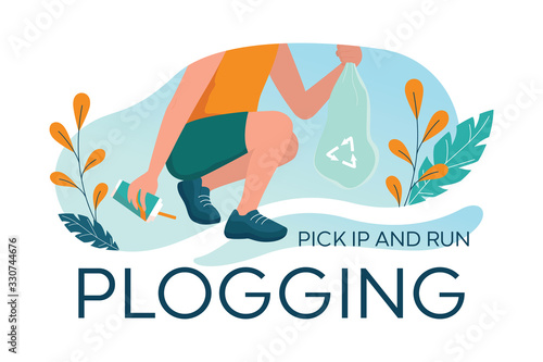 Plogging. People pick up plastic bottle during a jog.