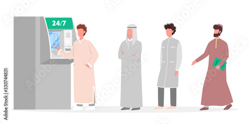 Queue to ATM. Muslim people standing in queue to ATM.