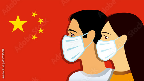 Coronavirus in China. Novel coronavirus 2019-nCoV, woman and men in white medical face mask with Chinese flag on background. Concept of coronavirus quarantine