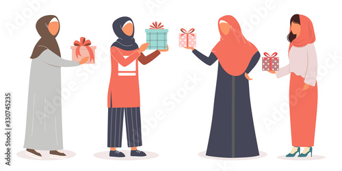 Muslim woman holding gift box. Arabian woman in different