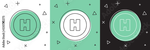 Set Helicopter landing pad icon isolated on white and green, black background. Helipad, area, platform, H letter. Vector Illustration