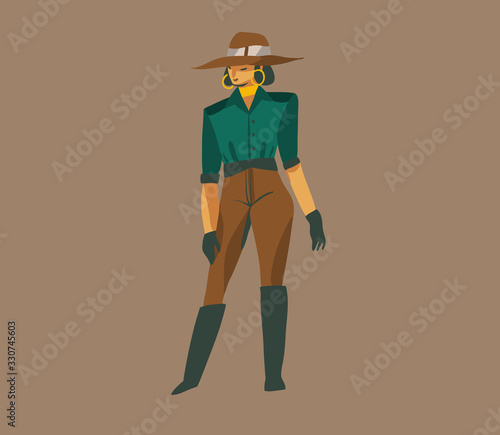 Hand drawn vector stock abstract graphic illustration with a girl in hat on a wild safari isolated on background
