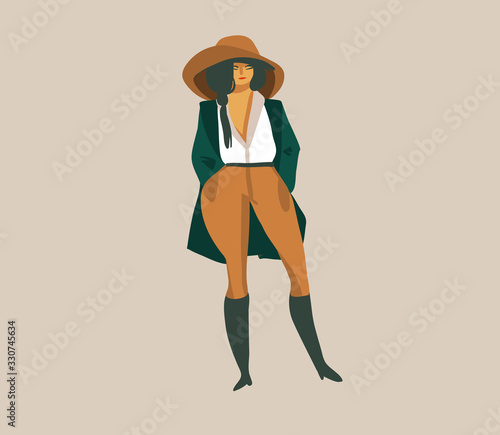 Hand drawn vector stock abstract graphic illustration with a girl in hat and uniform on a wild safari isolated on white background photo