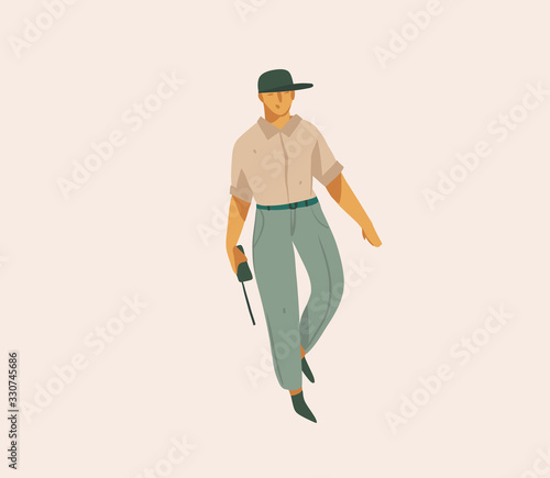 Hand drawn vector stock abstract graphic illustration with a man in uniform on safari isolated on background
