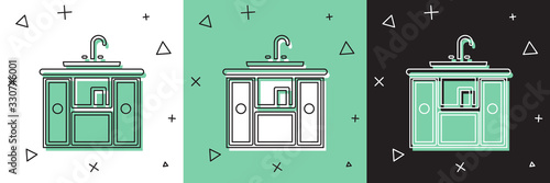 Set Washbasin cabinet with water tap icon isolated on white and green, black background. Vector Illustration