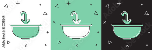 Set Washbasin with water tap icon isolated on white and green, black background. Vector Illustration
