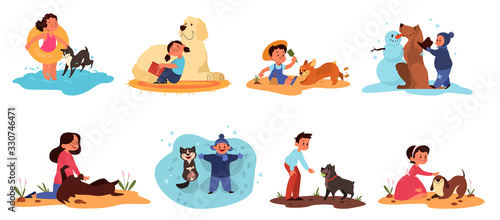Children play with their dogs set. Collection of happy kid and pet