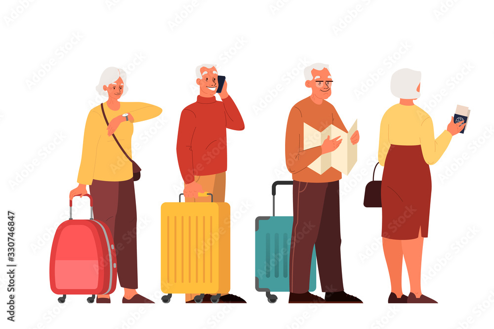 Old people in the airport set. Idea of travel and tourism.