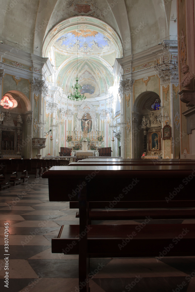 Laigueglia (SV), Italy - February 15, 2017: Laigueglia church inside, Riviera dei Fiori, Savona, Liguria, Italy.