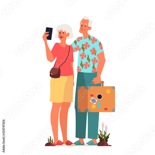 Vector illustration of elderly tourist with laggage. Old man and woman