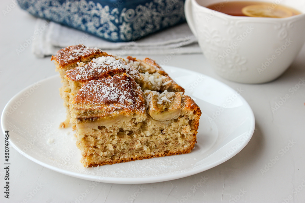 banana cake in a form and on a plate banana cake in a form and on a plate