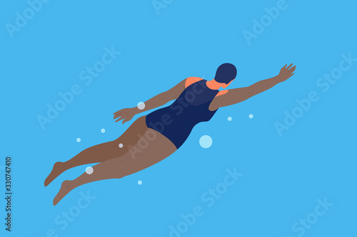 Old woman in swimming pool. Elderly character have an active