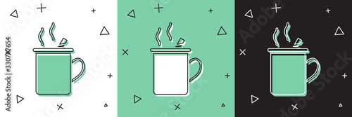 Set Mulled wine with glass of drink and ingredients icon isolated on white and green, black background. Cinnamon stick, clove, lemon slice. Vector Illustration