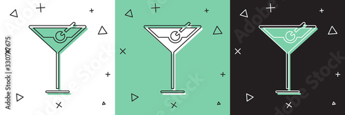 Set Martini glass icon isolated on white and green, black background. Cocktail icon. Wine glass icon. Vector Illustration