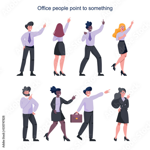 Business people pointing up something. Female and male business